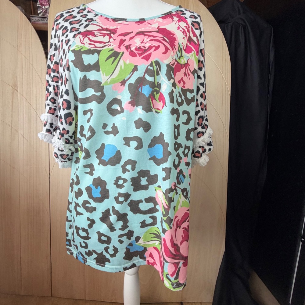 Cellabie Top Large Teal Pink Leopard Floral Fringe Raglan Mixed Print Blouse
